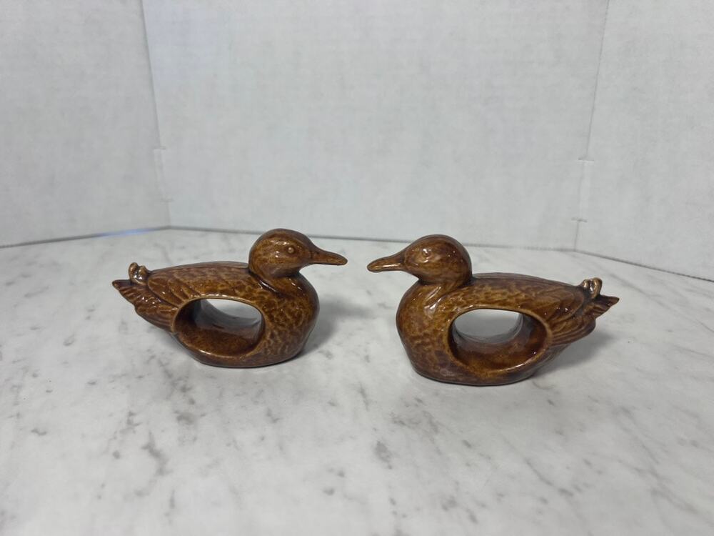 Vintage Brown Glazed Ceramic Duck Napkin Rings, Set of 2, Farmhouse Table Decor